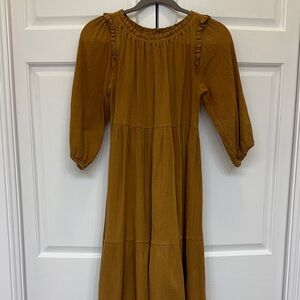 Indigo Soul Mustard Gauze Midi Dress Medium Boho Prairie Tiered